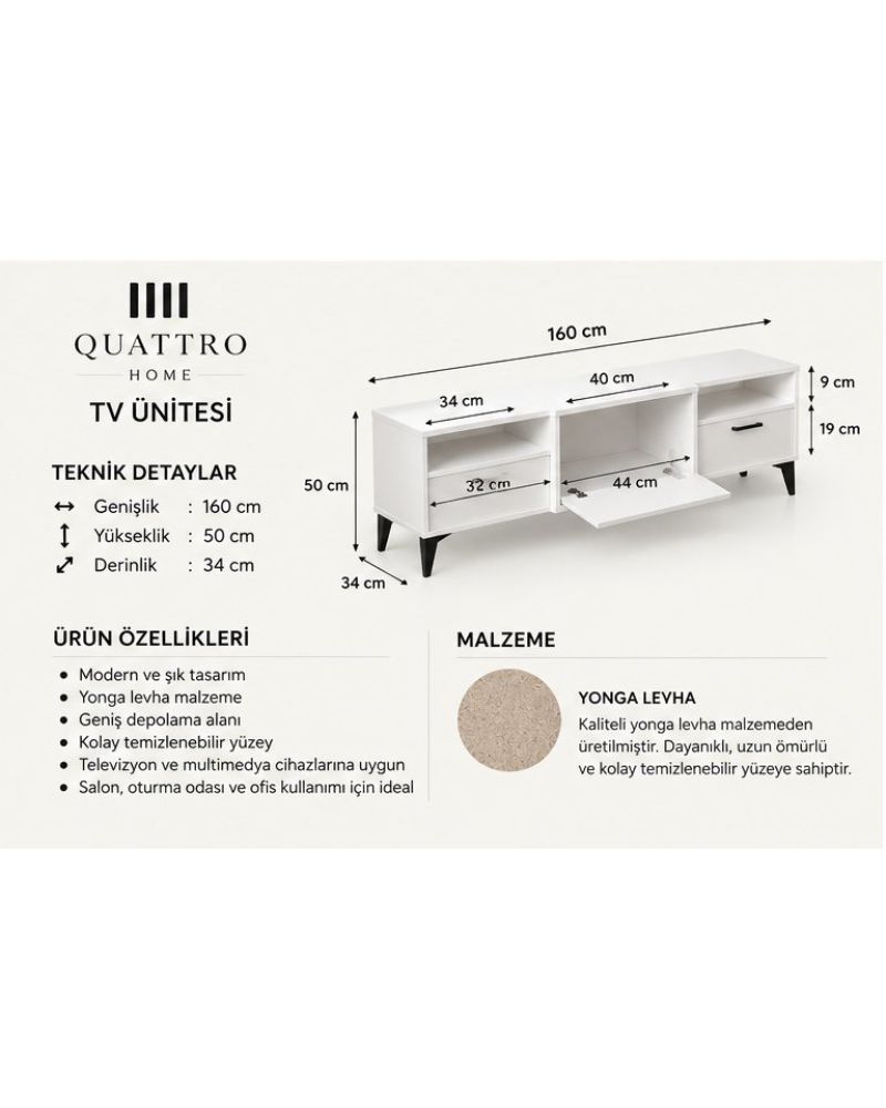 Metalik Beyaz TV Sehpası 160x40 cm