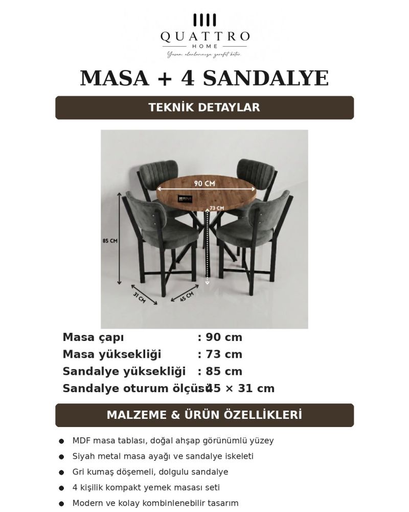 90 cm Yuvarlak Ahşap Desenli Masa ve 4 Adet Gri Sandalye Yemek Masası Takımı