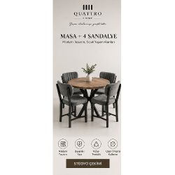 90 cm Yuvarlak Ahşap Desenli Masa ve 4 Adet Gri Sandalye Yemek Masası Takımı