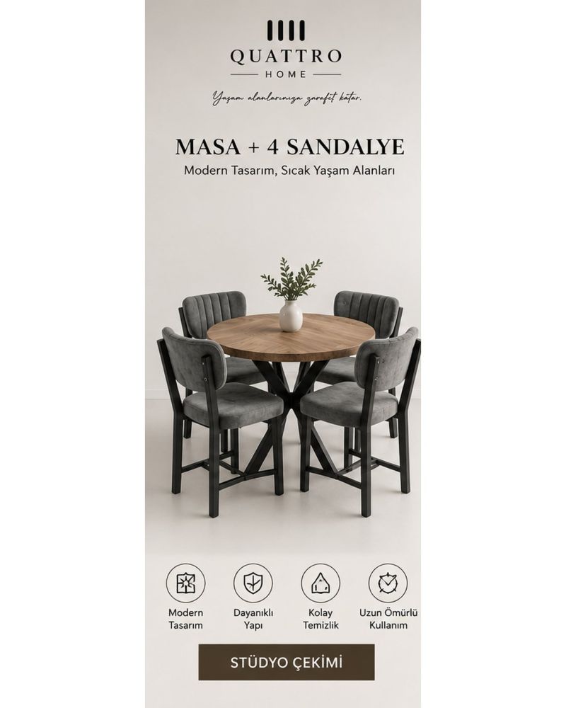 90 cm Yuvarlak Ahşap Desenli Masa ve 4 Adet Gri Sandalye Yemek Masası Takımı