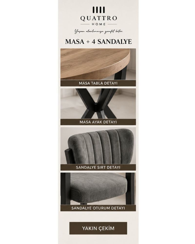 90 cm Yuvarlak Ahşap Desenli Masa ve 4 Adet Gri Sandalye Yemek Masası Takımı