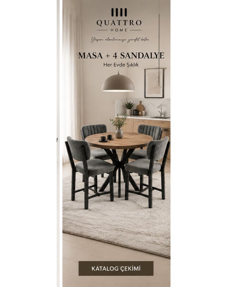90 cm Yuvarlak Ahşap Desenli Masa ve 4 Adet Gri Sandalye Yemek Masası Takımı