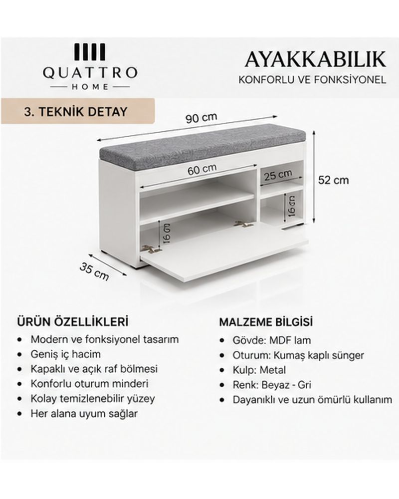 Puflu Ayakkabılık Bench Beyaz 90 cm