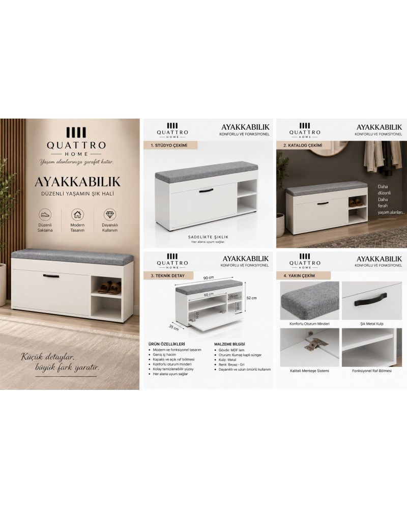 Puflu Ayakkabılık Bench Beyaz 90 cm