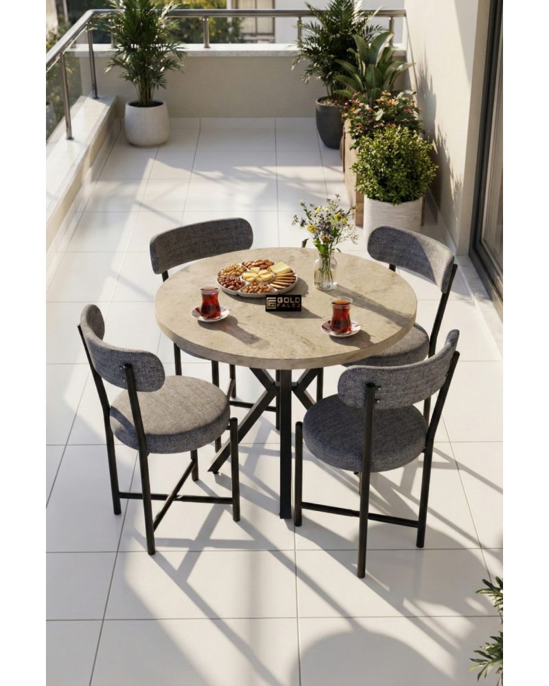 Ekru ve Antrasit Renkli 90 cm Yuvarlak Yemek Masası ve 4 Sandalye Seti