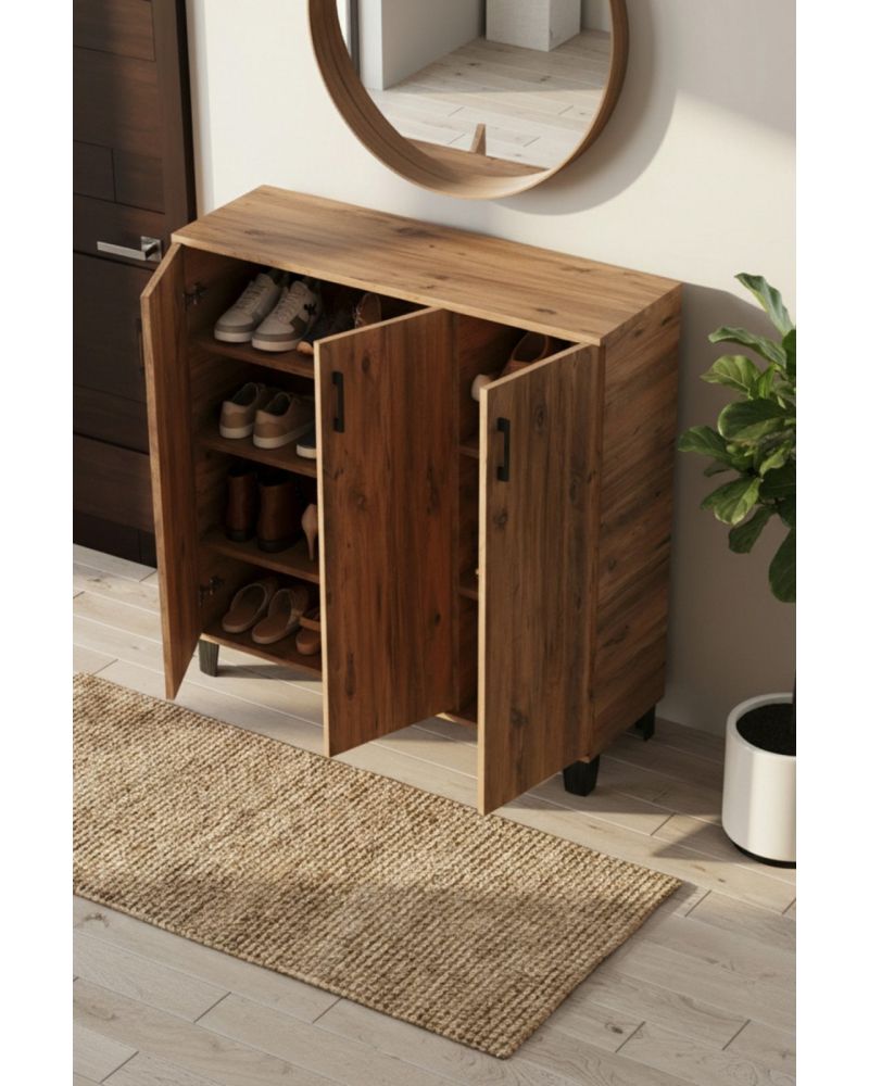 Ayakkabılık Dolabı Kahverengi 105 cm 3 Kapaklı 7 Bölmeli