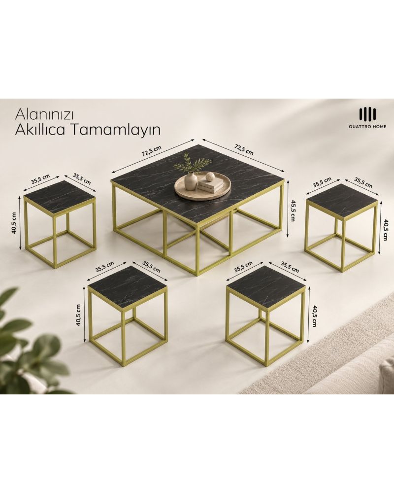 5'li Mermer Desenli Siyah ve Gold Metal Ayaklı Sehpa Seti