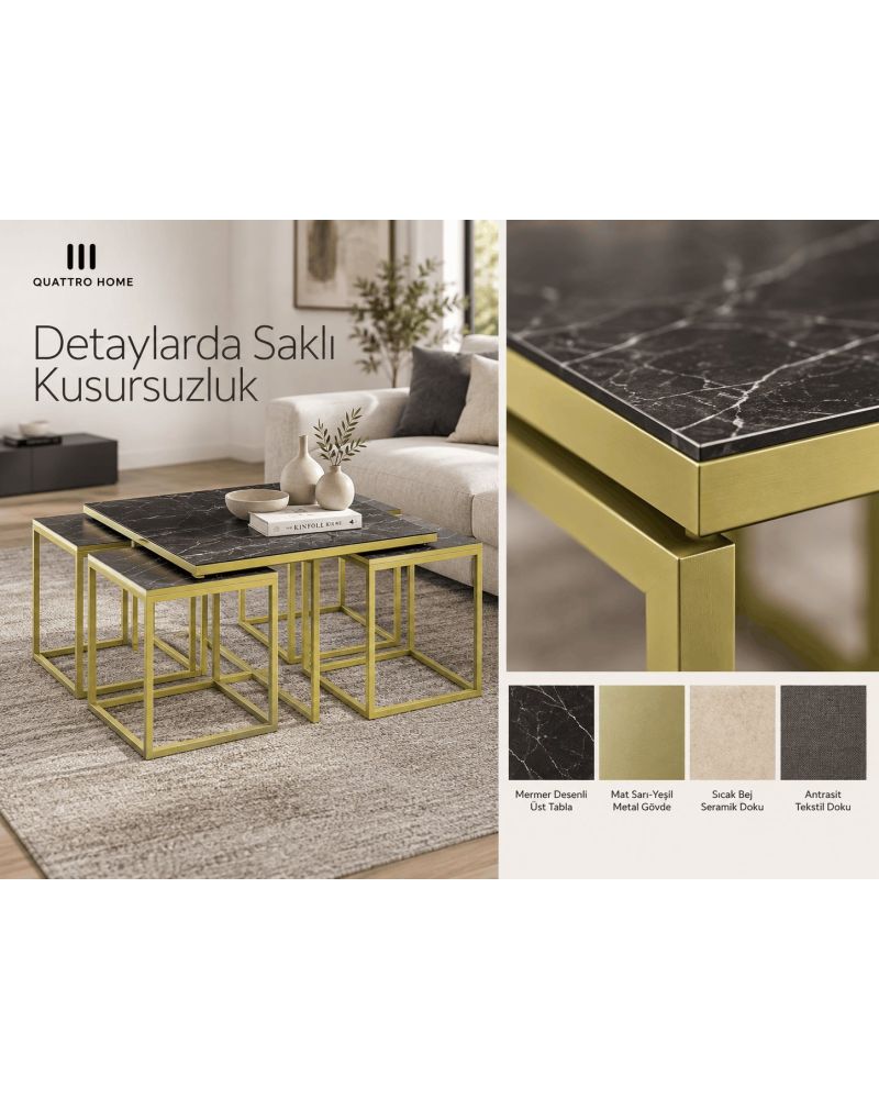 5'li Mermer Desenli Siyah ve Gold Metal Ayaklı Sehpa Seti