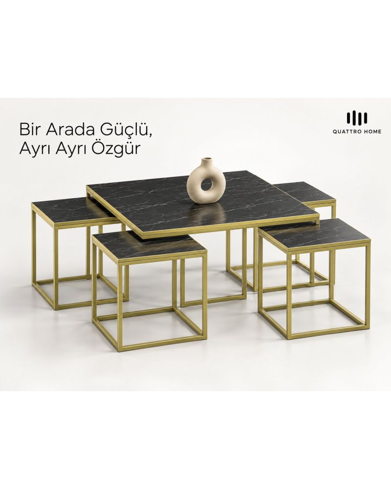 5'li Mermer Desenli Siyah ve Gold Metal Ayaklı Sehpa Seti