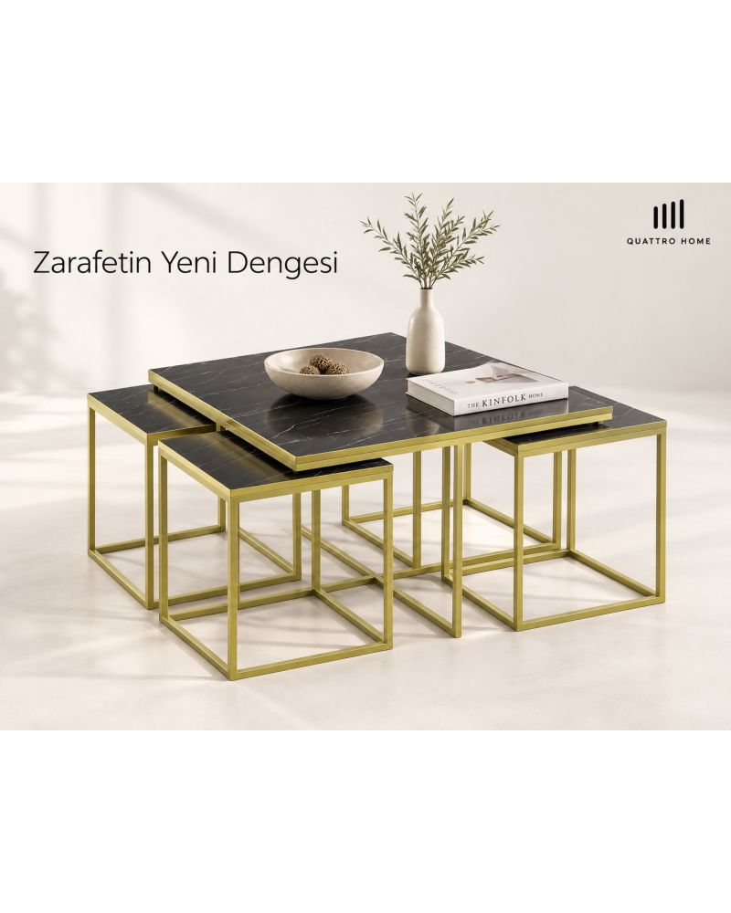 5'li Mermer Desenli Siyah ve Gold Metal Ayaklı Sehpa Seti