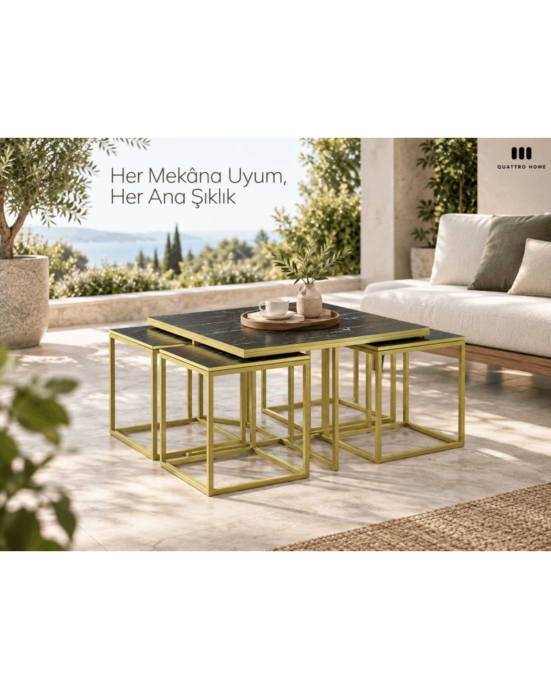 5'li Mermer Desenli Siyah ve Gold Metal Ayaklı Sehpa Seti