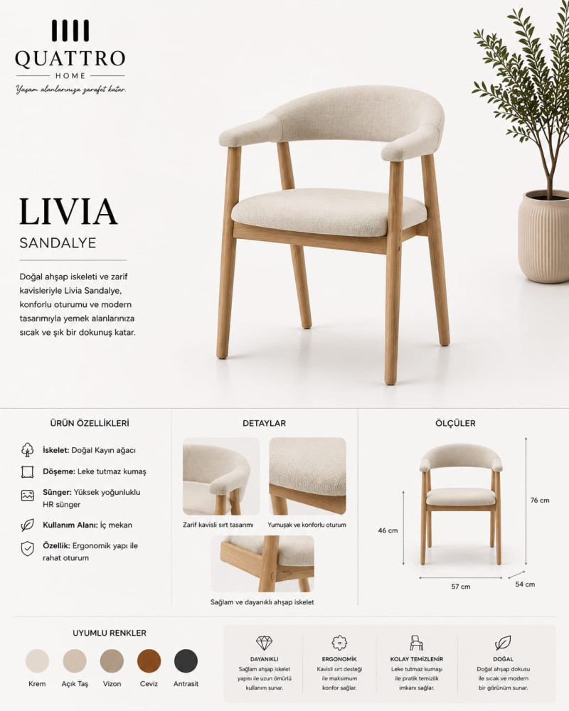 Livia Ahşap Kollu Modern Yemek Sandalyesi