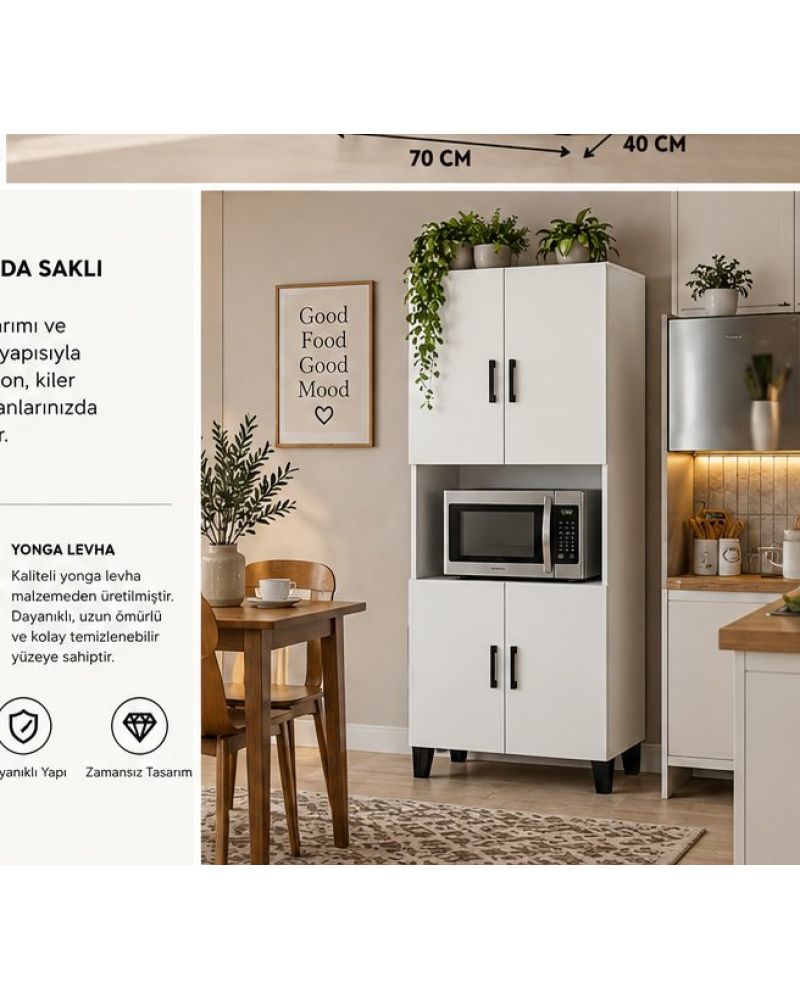 Beyaz Suntalam Mutfak Kiler Dolabı - Mikrodalga Bölmeli