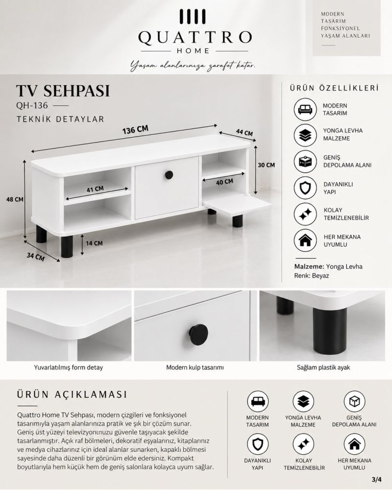 Beyaz Suntalam TV Sehpası 136x44 cm