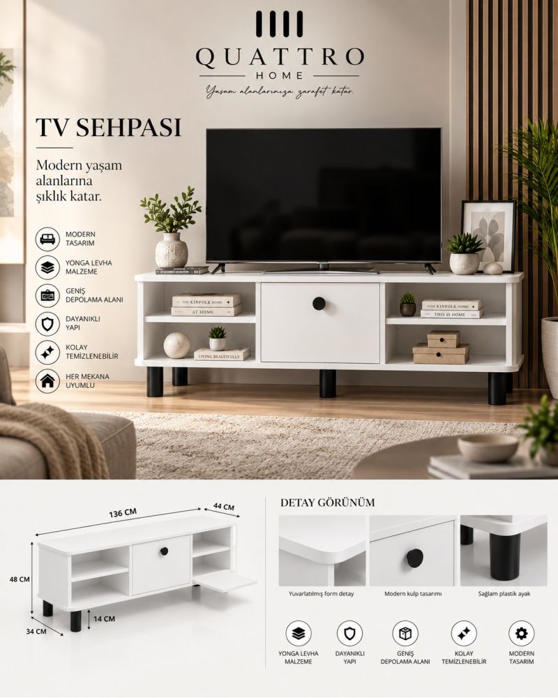 Beyaz Suntalam TV Sehpası 136x44 cm