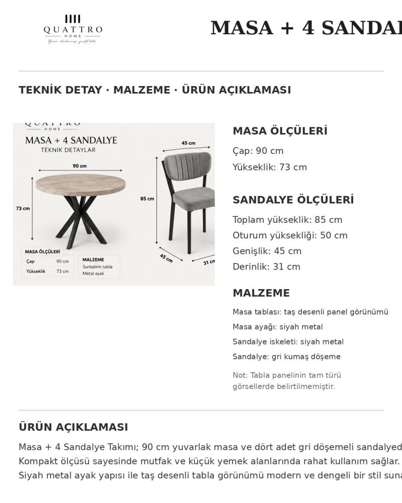 Bej Masa ve 4 Adet Antrasit Sandalye Yemek Masası Takımı