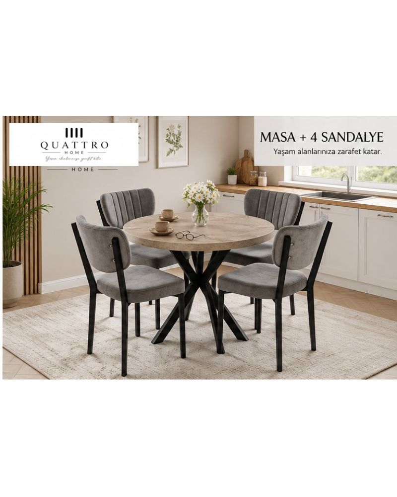 Bej Masa ve 4 Adet Antrasit Sandalye Yemek Masası Takımı