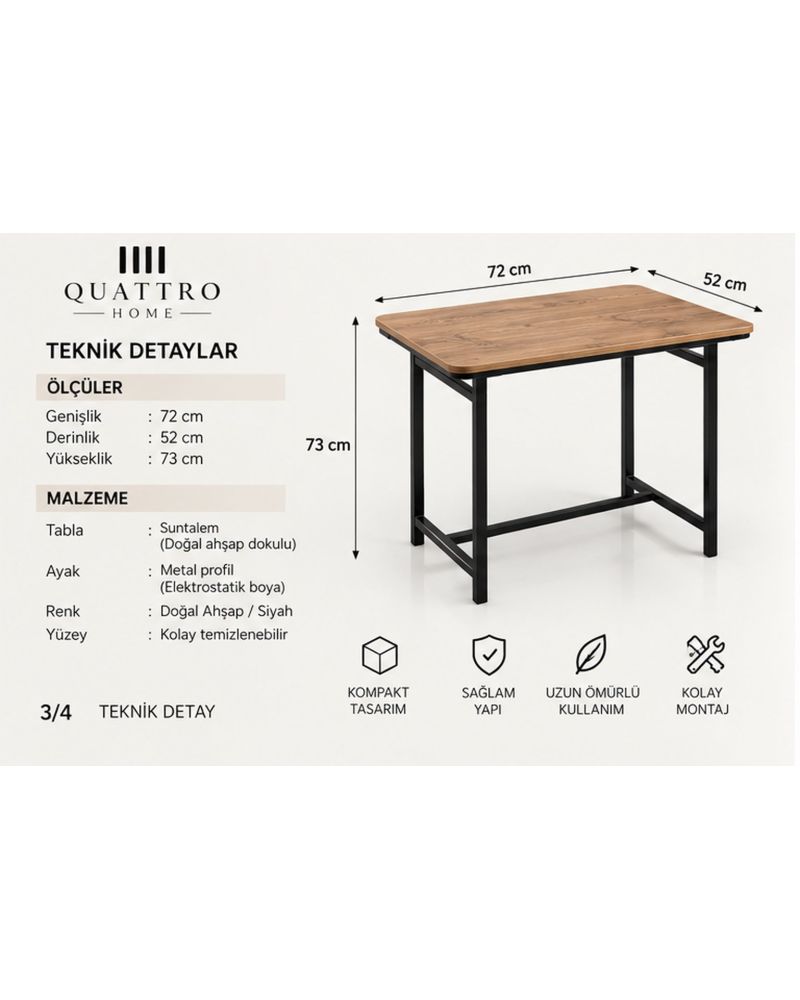 Kahverengi Suntalam Mutfak Masası Metal Ayaklı 72x52 cm