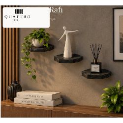 3'lü Altıgen Duvar Rafı Seti Siyah Mermer Desenli