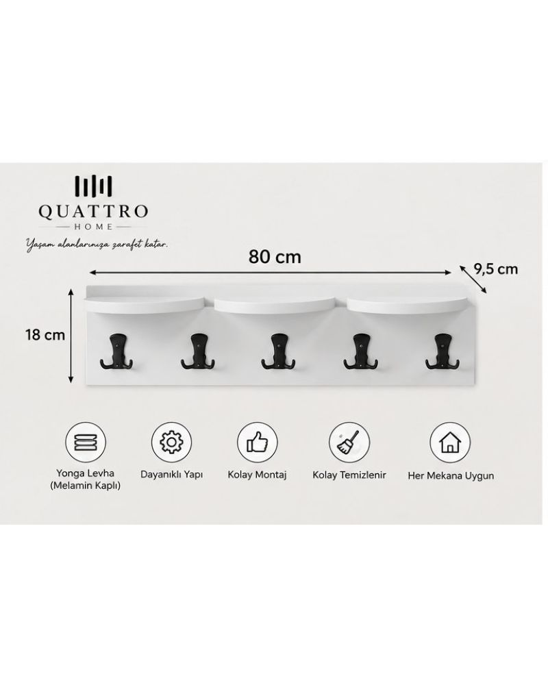 5'li Duvar Askılığı ve Raf Sistemli Portmanto Askısı Beyaz 80 cm