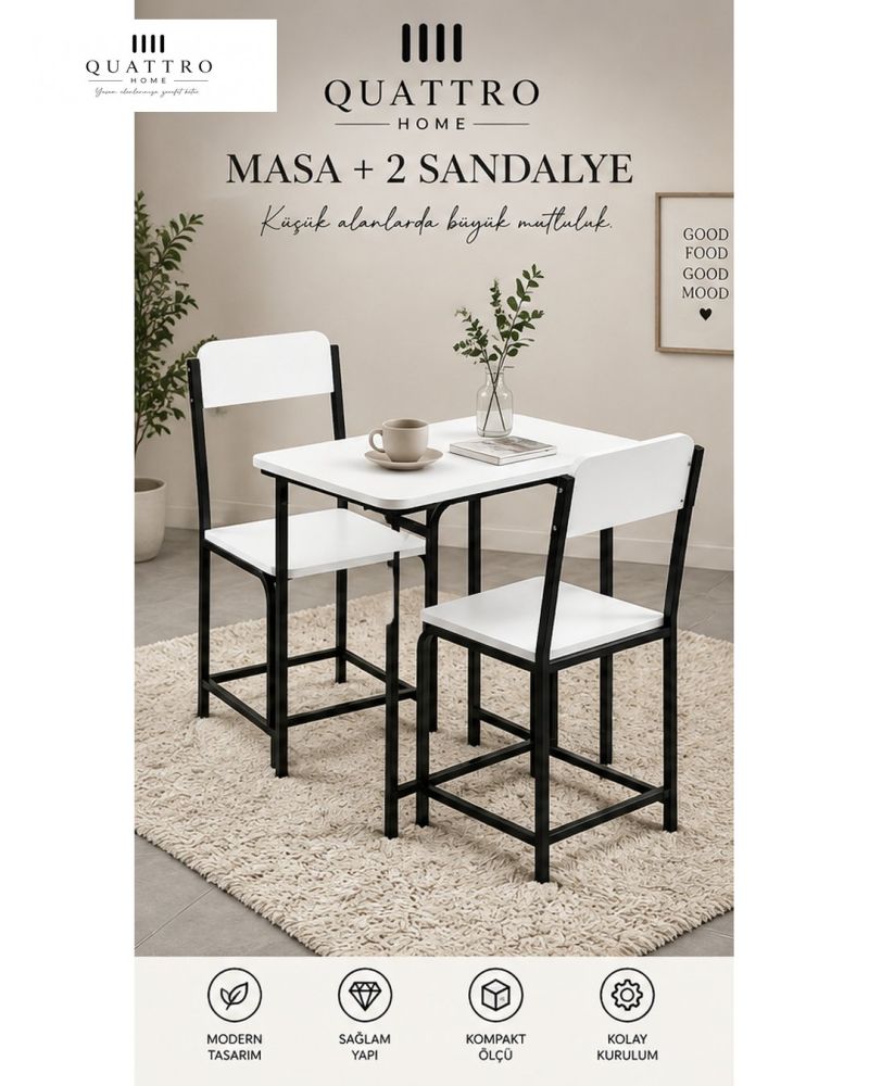 Beyaz Mutfak Masası ve 2 Sandalyeli Takım
