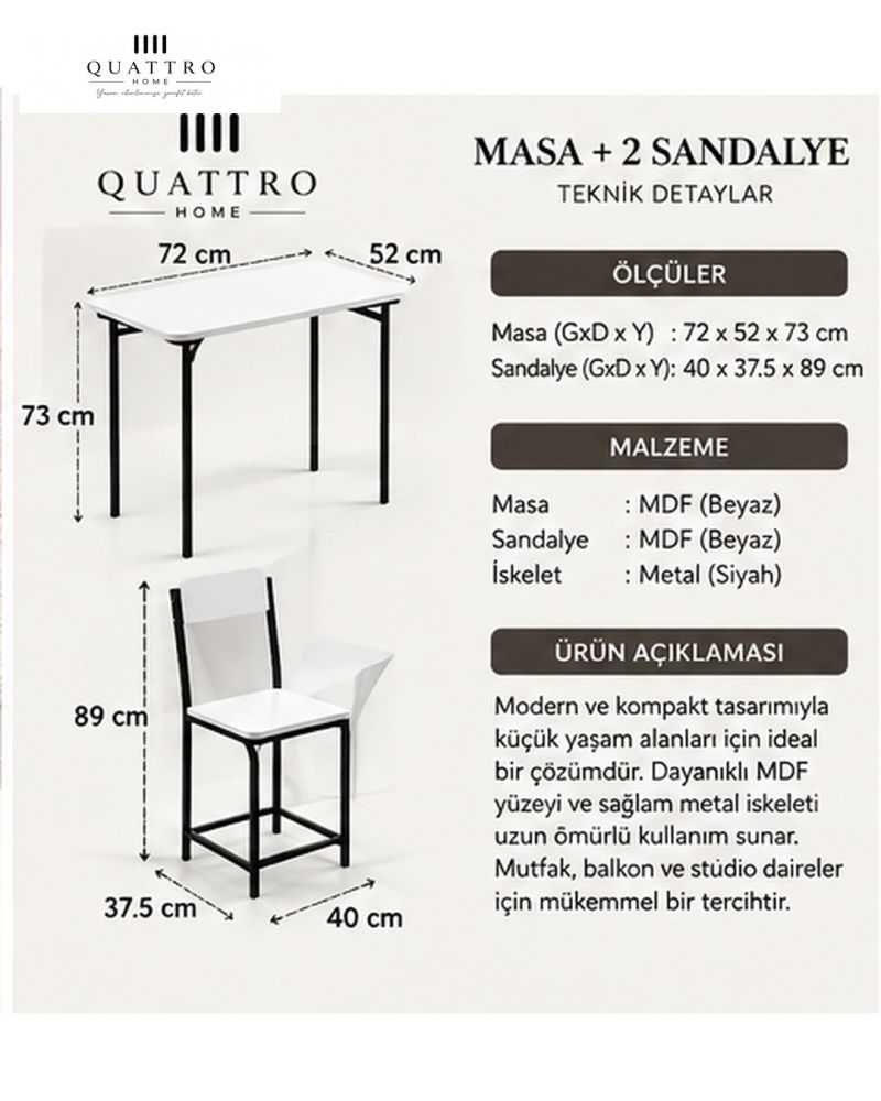 Beyaz Mutfak Masası ve 2 Sandalyeli Takım