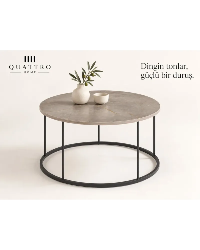 Gordion Desenli Gri Yuvarlak Orta Sehpa Siyah Metal Ayaklı
