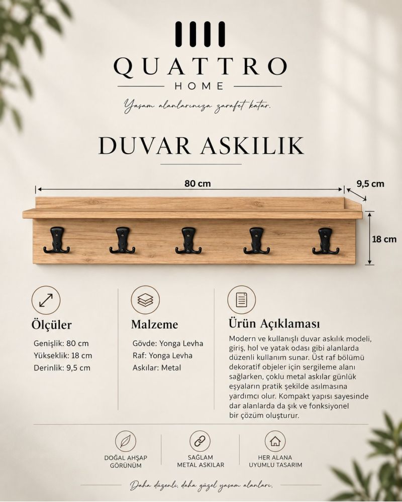 5'li Duvar Askılığı ve Raf Sistemli Portmanto Askısı Ceviz Kahverengi 80 cm