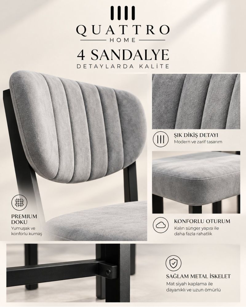 4 Adet Kumaş Döşemeli Metal Ayaklı Modern Sandalye Seti