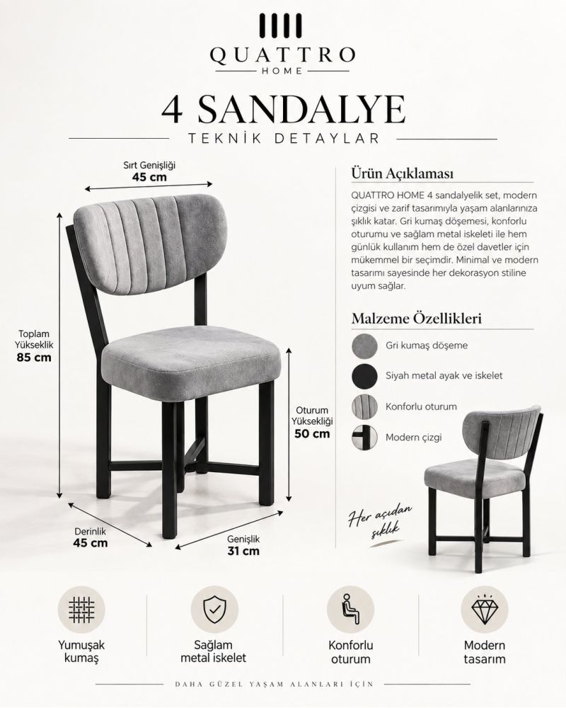 4 Adet Kumaş Döşemeli Metal Ayaklı Modern Sandalye Seti