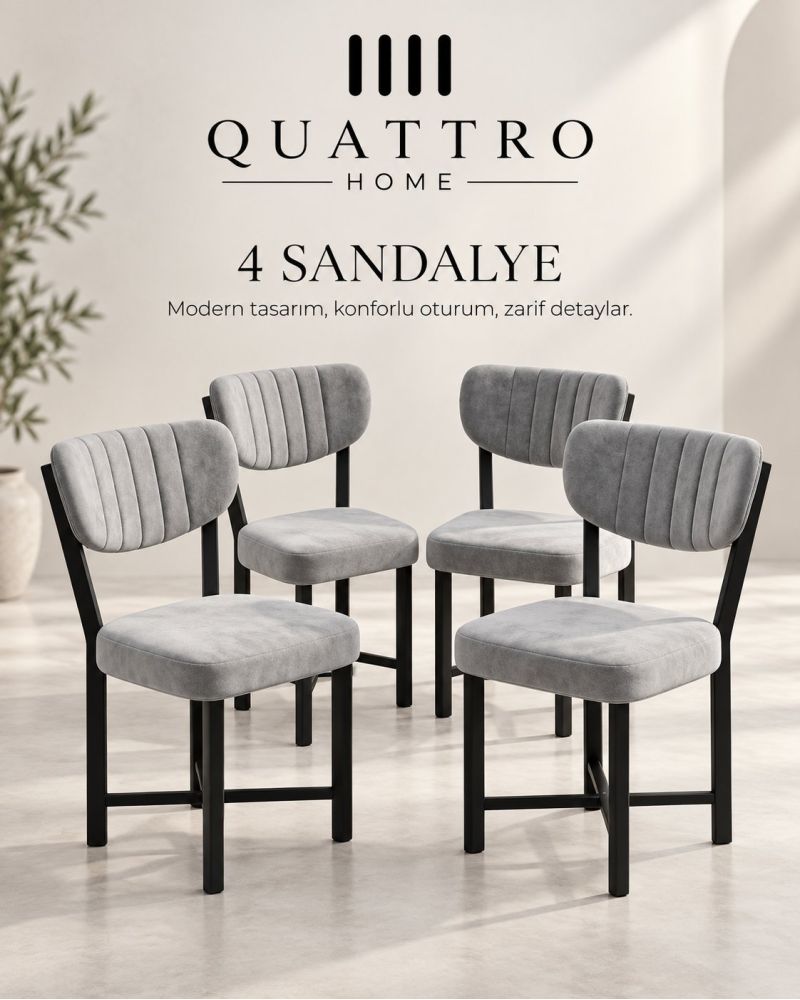 4 Adet Kumaş Döşemeli Metal Ayaklı Modern Sandalye Seti
