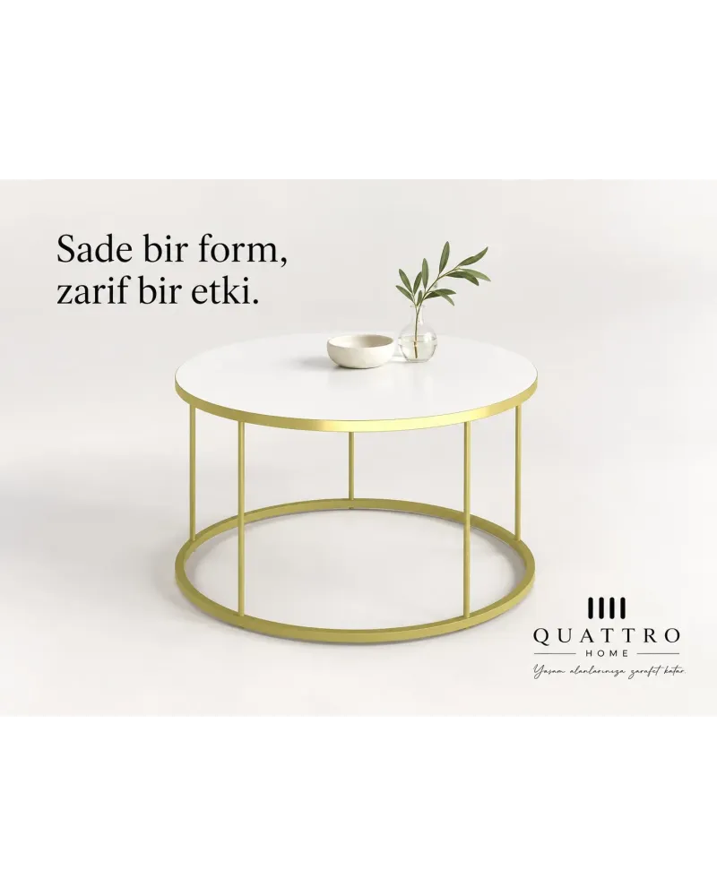 Gold Ayaklı Beyaz Yuvarlak Orta Sehpa