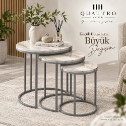Gümüş C Ayaklı Mermer Desenli 3'lü Zigon Sehpa Takımı