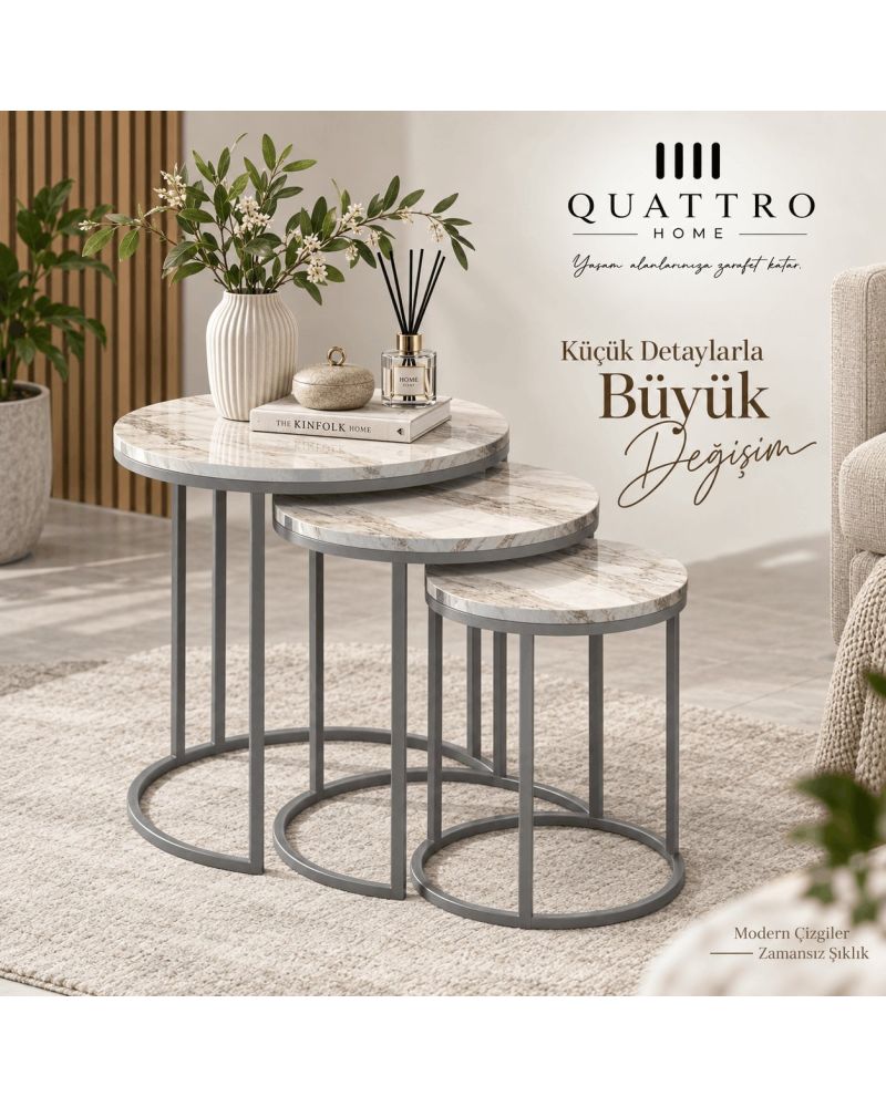 Gümüş C Ayaklı Mermer Desenli 3'lü Zigon Sehpa Takımı