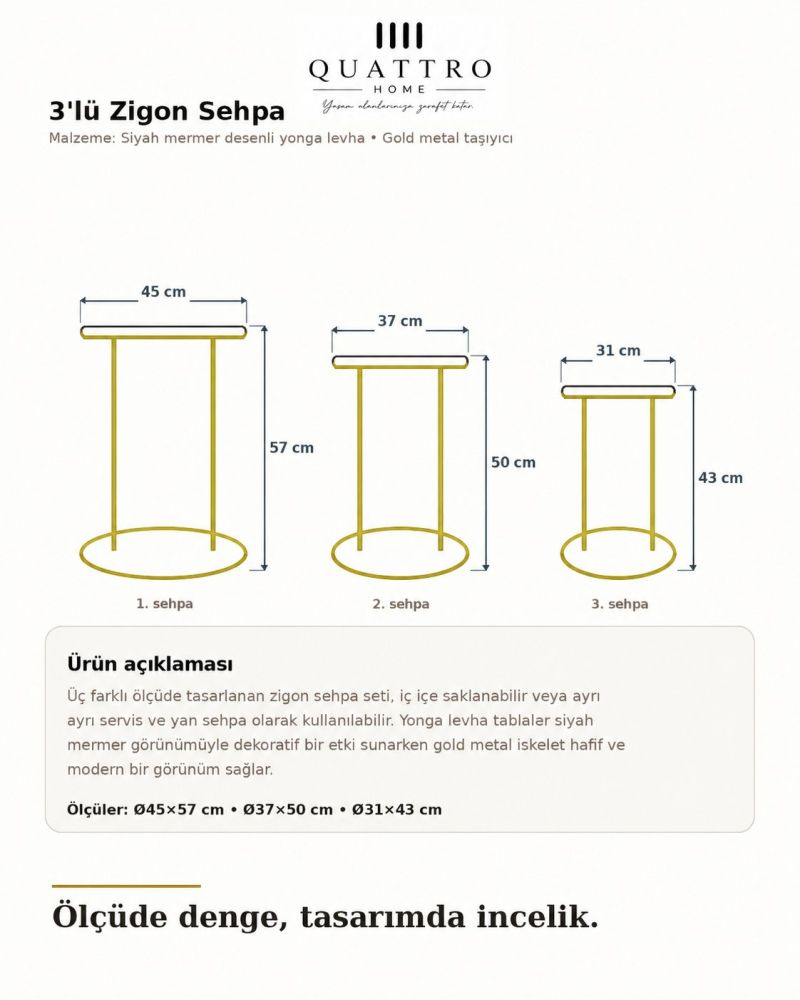 Siyah ve Gold Metal Ayaklı 3'lü Zigon Sehpa Takımı