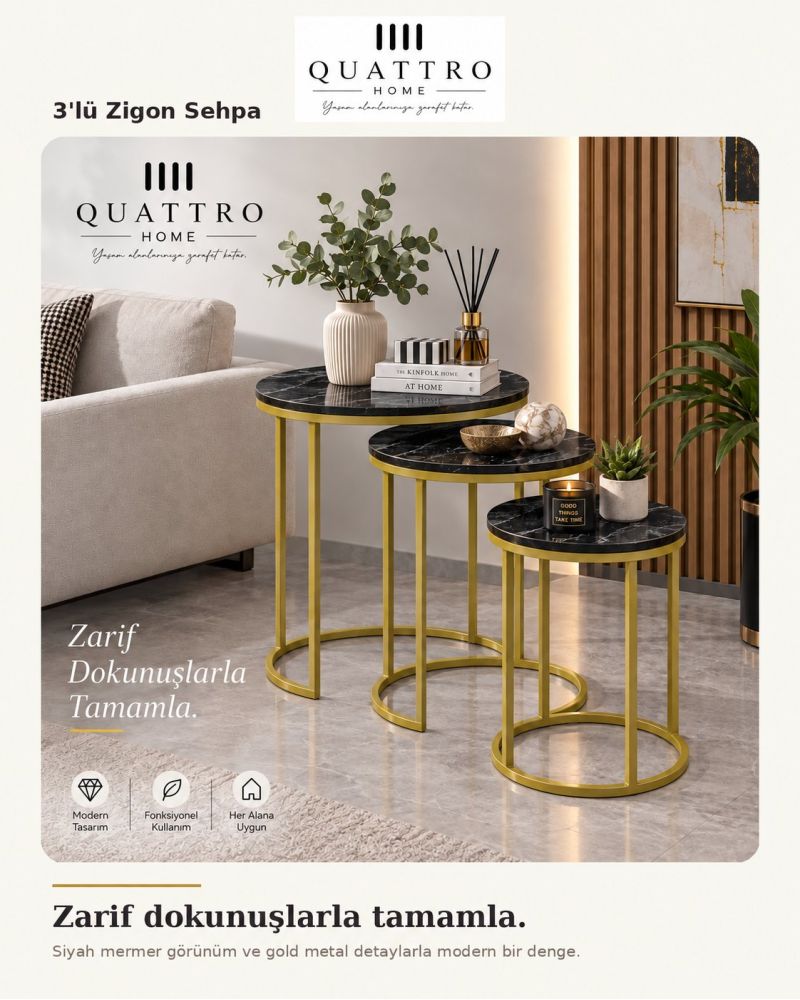 Siyah ve Gold Metal Ayaklı 3'lü Zigon Sehpa Takımı