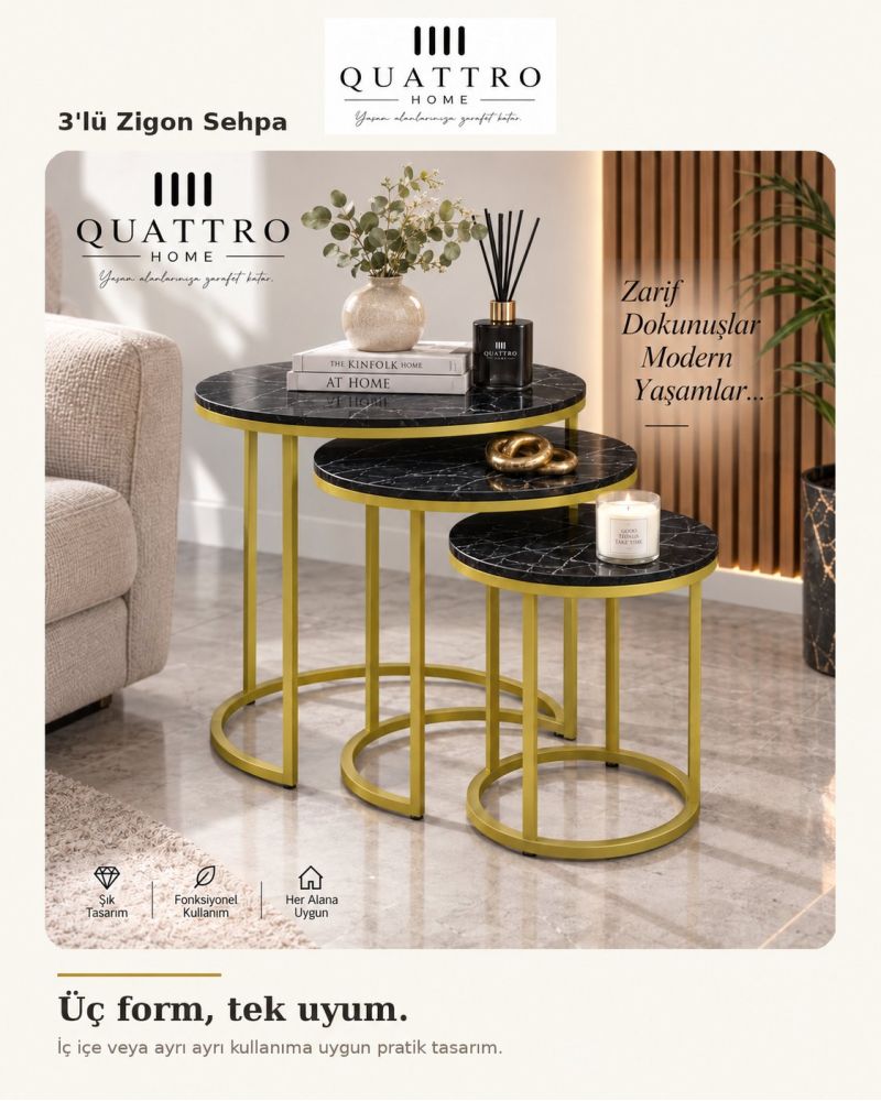 Siyah ve Gold Metal Ayaklı 3'lü Zigon Sehpa Takımı