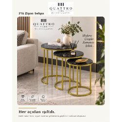 Siyah ve Gold Metal Ayaklı 3'lü Zigon Sehpa Takımı