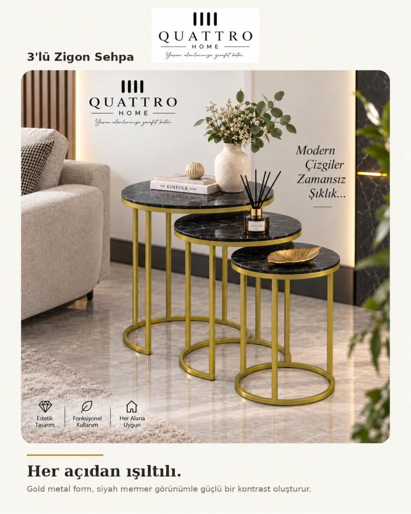 Siyah ve Gold Metal Ayaklı 3'lü Zigon Sehpa Takımı