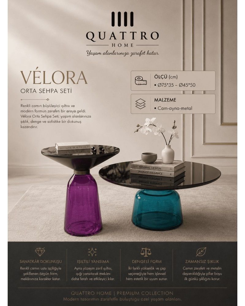 Vélora Yuvarlak Orta Sehpa Seti Renkli Cam Aynalı Metal Ø75x35 Ø45x50 cm