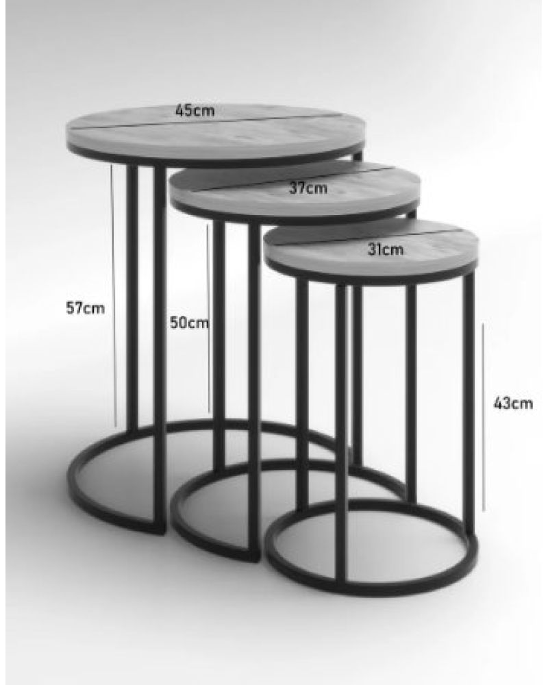 Siyah Mermer Desenli Gümüş Metal Ayaklı 3'lü Zigon Sehpa Takımı