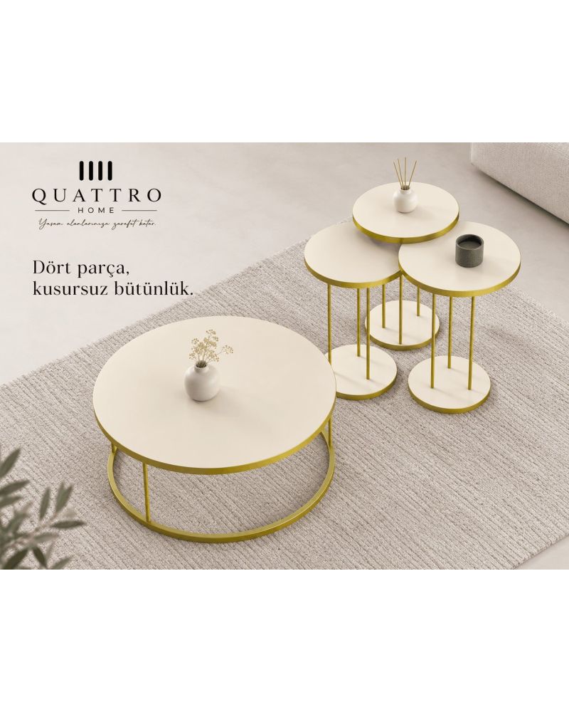 4'lü Yuvarlak Orta ve Zigon Sehpa Seti Krem Bej ve Gold Metal Ayaklı