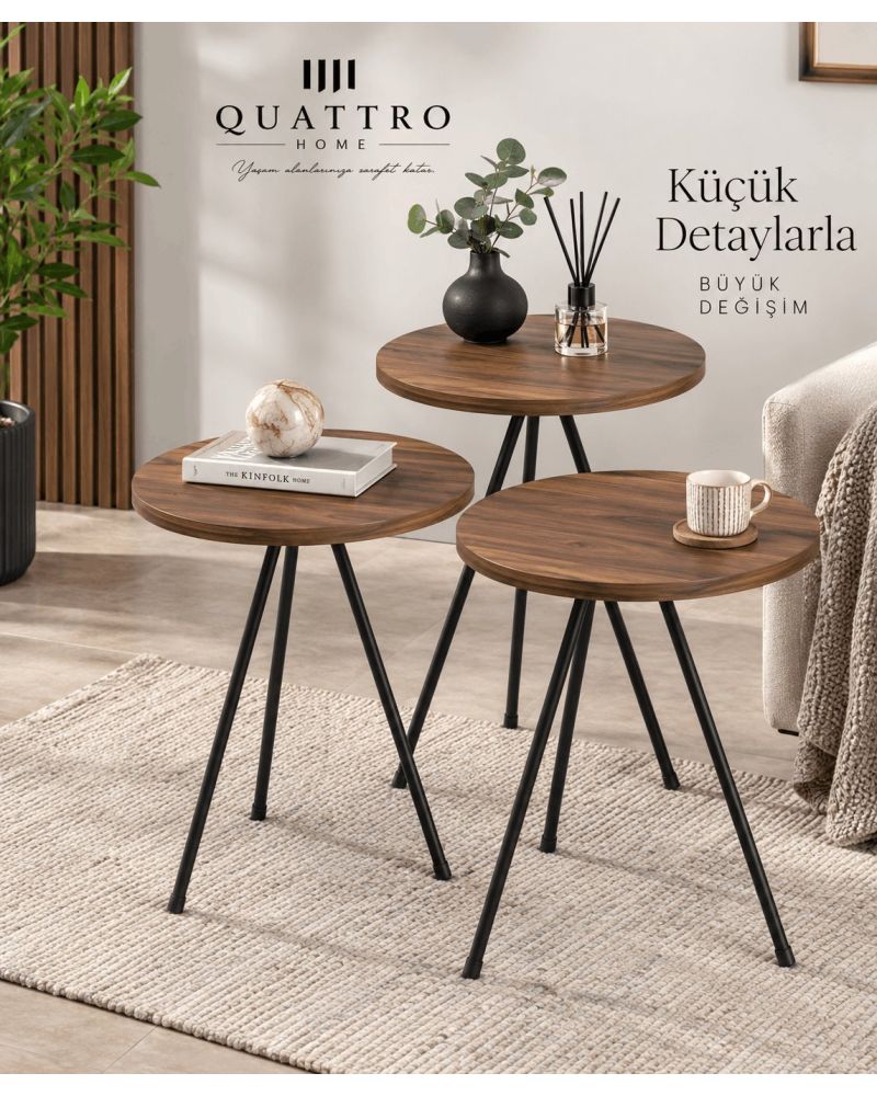 Metal Ayaklı Zigon Sehpa Takımı Çam Kahverengi