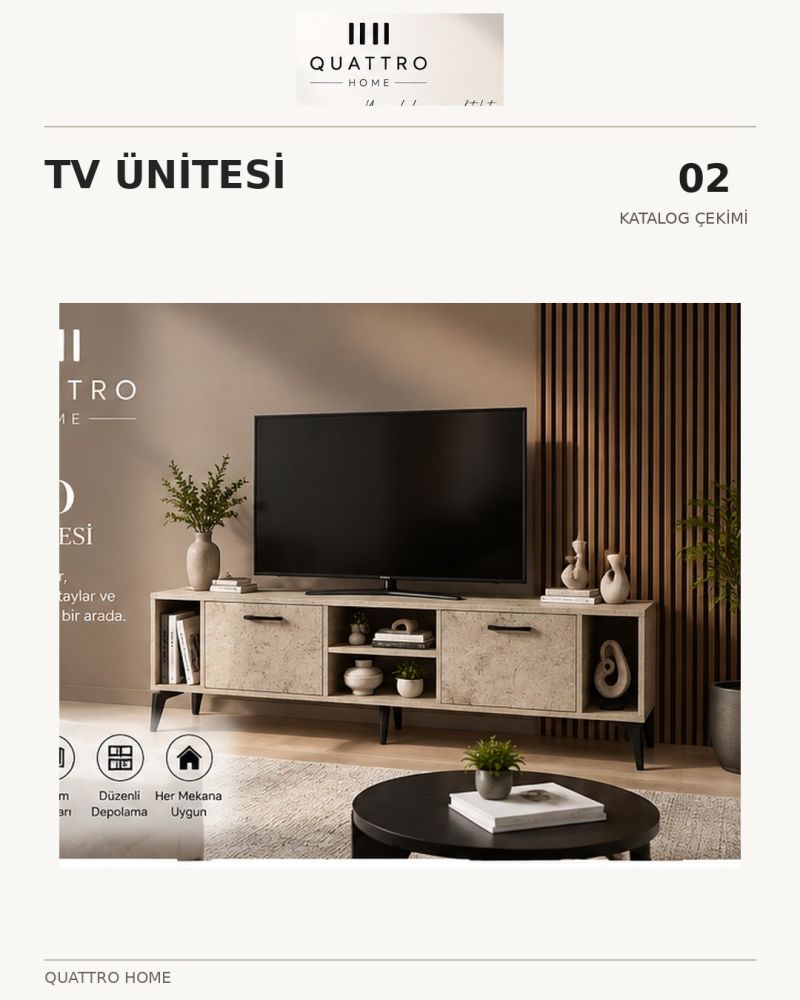 Ekru Traverten Desenli Suntalam TV Sehpası 160x35 cm