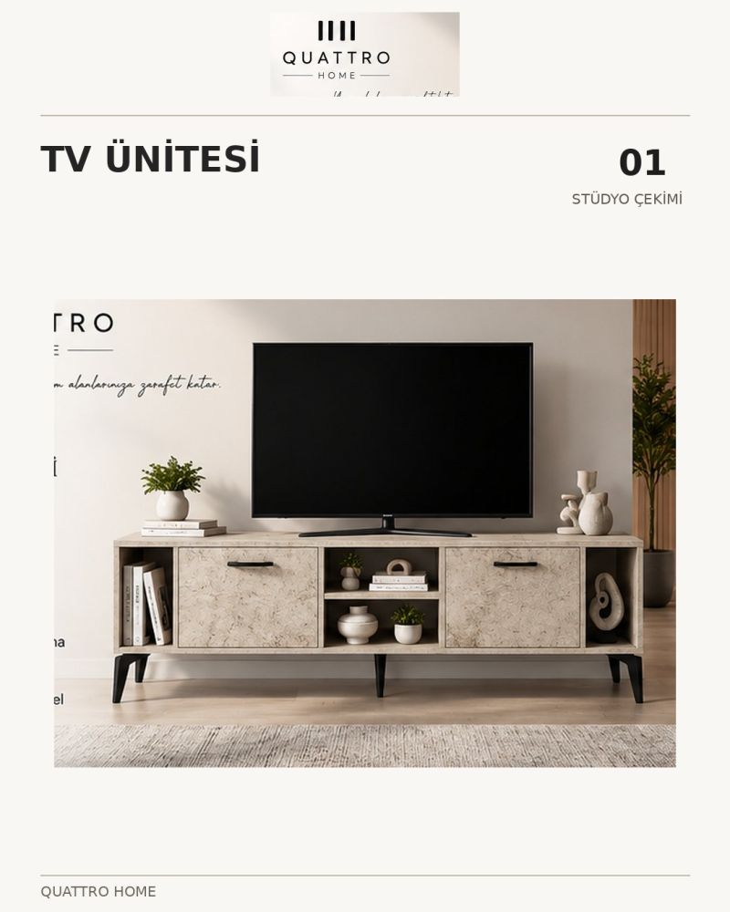 Ekru Traverten Desenli Suntalam TV Sehpası 160x35 cm