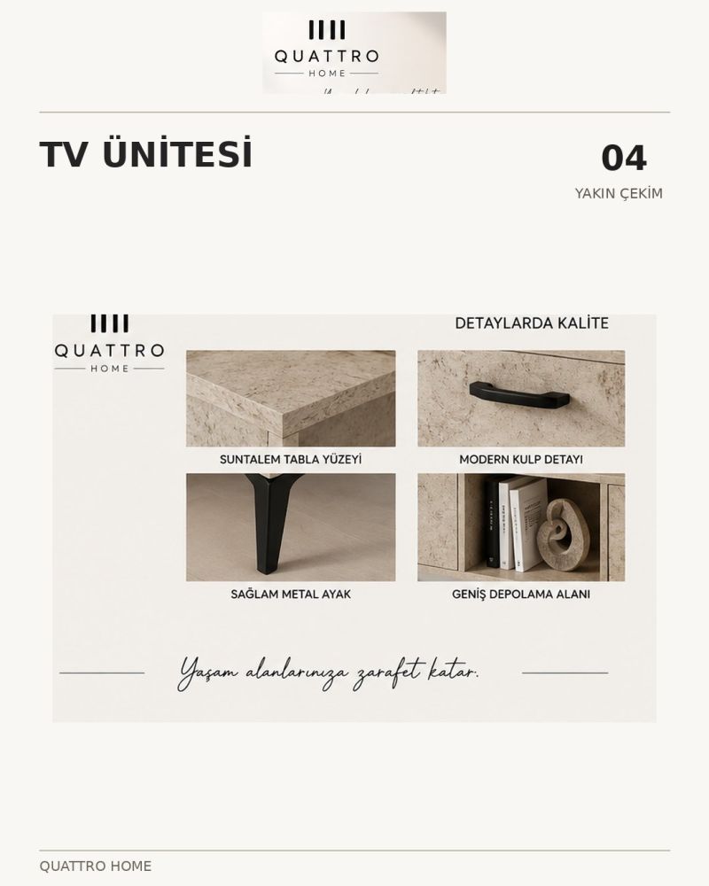 Ekru Traverten Desenli Suntalam TV Sehpası 160x35 cm