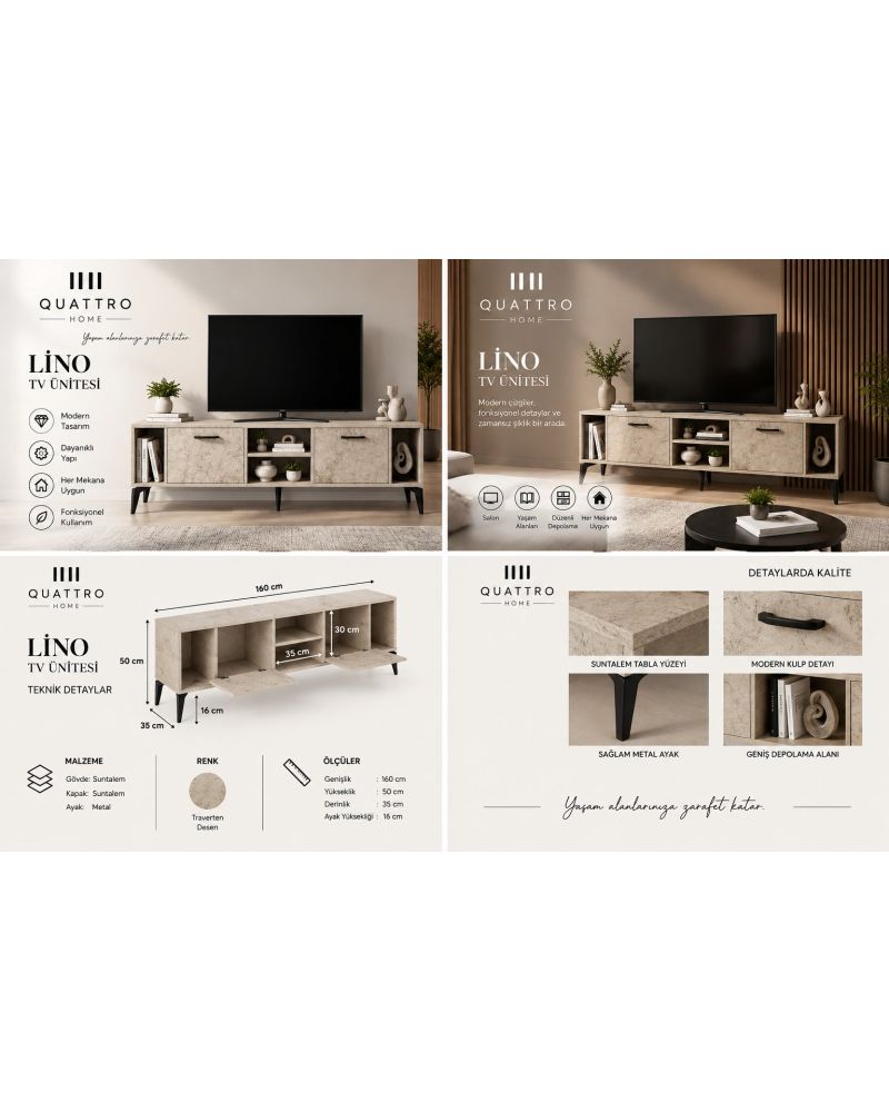 Ekru Traverten Desenli Suntalam TV Sehpası 160x35 cm