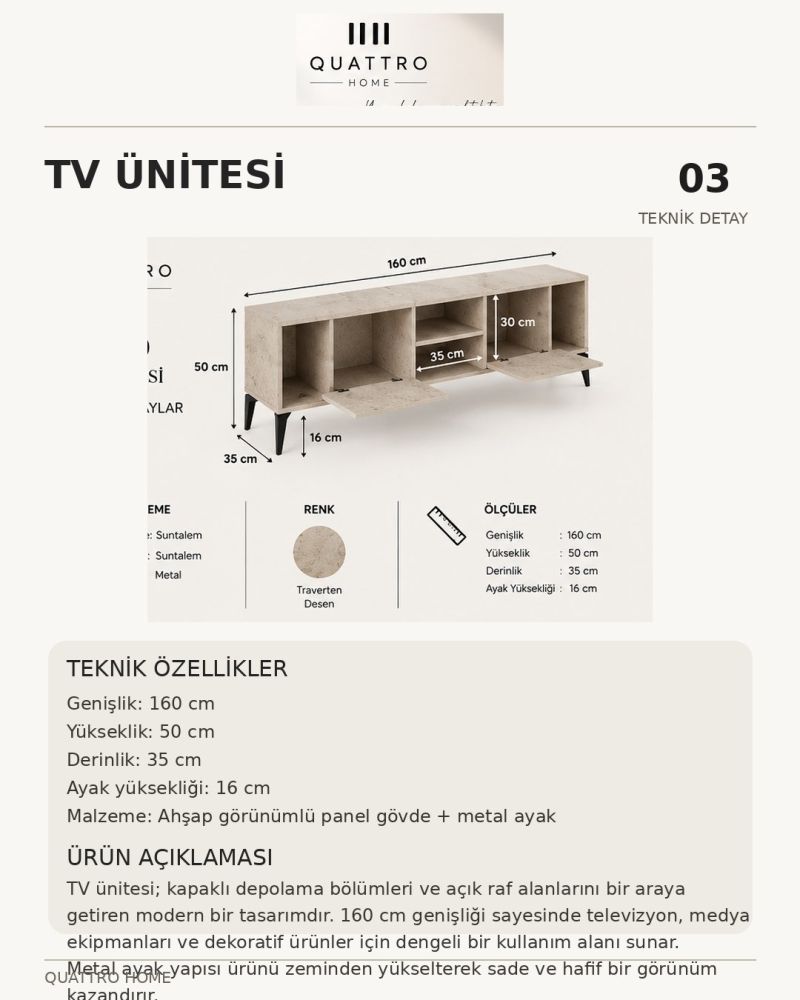 Ekru Traverten Desenli Suntalam TV Sehpası 160x35 cm