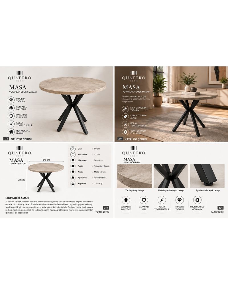 90 cm Yuvarlak Mutfak Masası Modern Metal Ayaklı Traverten