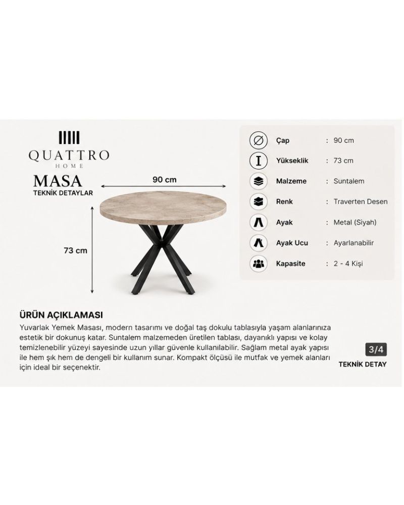 90 cm Yuvarlak Mutfak Masası Modern Metal Ayaklı Traverten